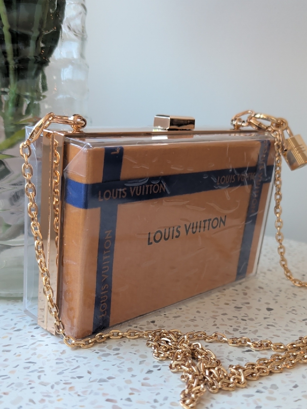 Clear Upcycled Novelty Box Clutch with Tan and Royal Blue Accents